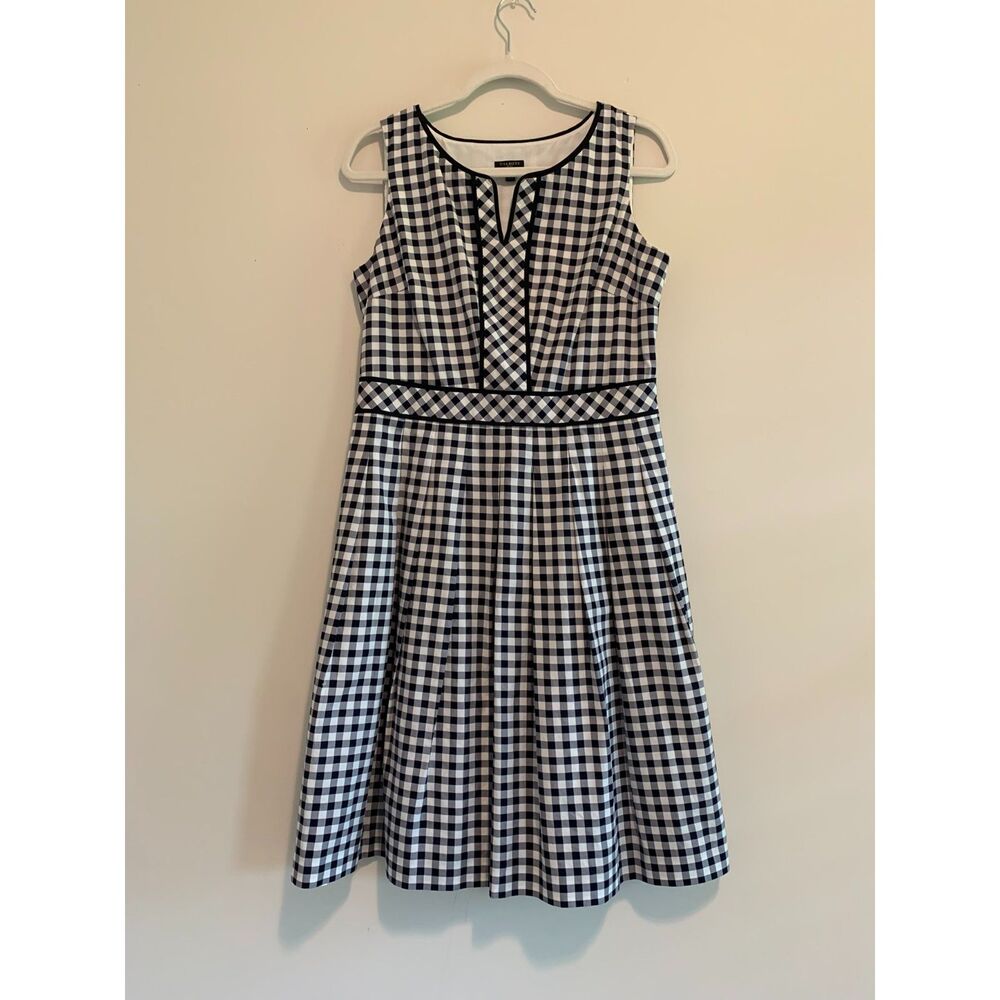 Talbots Navy White Gingham Fit & Flare Sleeveless Cotton Dress Preppy 8P - Picture 1 of 8